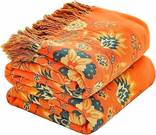 HOORDRY Herbst Musselin-Decke mit Fransen 100% Baumwolle 130x150CM | Doppelseitig Boho Tagesdecke Retro Einzelbettüberwurf,Halloween Sofadecke mit Blumenmuster Sesseldecke,Ganzjährig Nutzbar