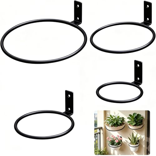 Mythlon 4 Piezas Soporte de Maceta de Pared, Anillo Soporte Macetas de Metal para Exterior e Interior, Gancho de Hierro para Plantas, Soporte Maceta Colgante para Balcón, Jardín y Valla