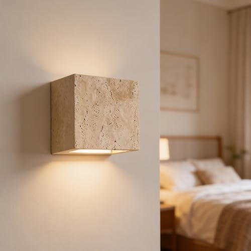 NOCHX Wabi Sabi Stil Travertin Stein Wandleuchte Quadratisch Lang Rechteckig LED 5W Wandlampe Für Schlafzimmer Wohnzimmer Flur Hotel Café Und Restaurant Wandbeleuchtung(A-Square)