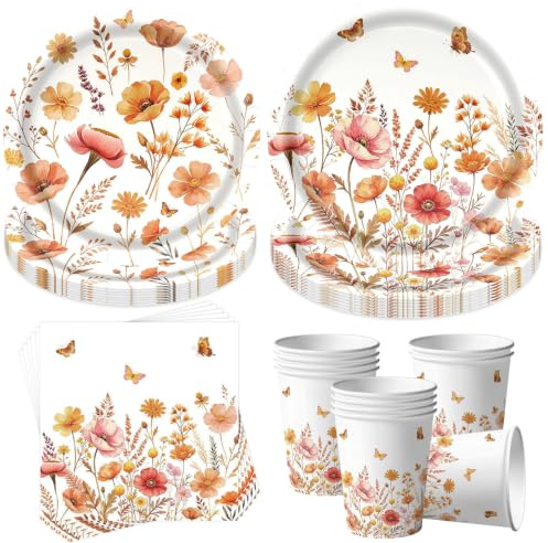 Blumen Party Dekorationen Partygeschirr Set,Wildblume Deko Geburtstag Partygeschirr Set,Wildblume Teller Servietten Tassen, Pappteller Becher Servietten KindergeburtstagDeko- 50 Stück Kindergeburtstag