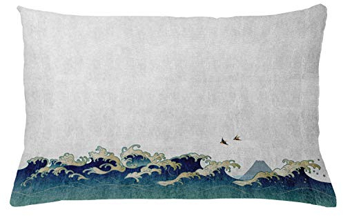 ABAKUHAUS Japanische Welle Kissenbezug, Aquatic-Strudel, Wasser und Schmutz resistent Stoff Digital Druck Für den Innen oder Außen Bereich, 65 x 40 cm, Creme Blau