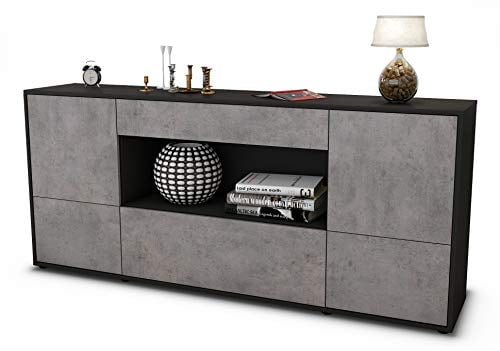 Stil.Zeit Sideboard Elodie, Korpus anthrazit matt, Front Industrie-Design Beton (180x79x35cm) Push-to-Open Technik & Leichtlaufschienen