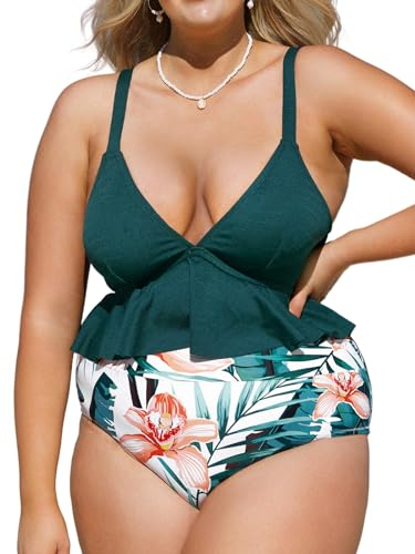 CUPSHE Damen Große Größen Bikini Set V Ausschnitt High Waist Bauchweg Zweiteiliger Bikini Crossback Rüschensaum Plus Size Bademode Swimsuit Blaugrün 3X=XXXL