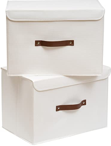 OUTBROS Large Collapsible Storage Box for Clothes, Linen Fabric Wardrobe Organiser with Lid, Containers for Shelves, 17.7 x 11.8 x 11.8 inch (White, 2-Pack)
