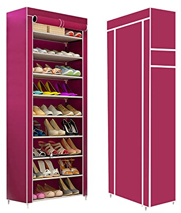 Trintion Schuhregal Schuhständer Schuhschrank Schuhaufbewahrung Schuh-Organizer mit 10 Ebenen mit staubdichtem Überzug (58 x 28 x 160 cm Wein-Rot)