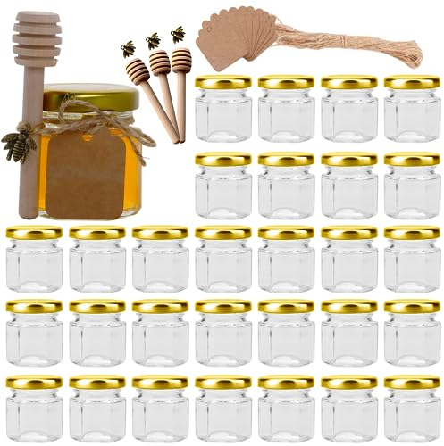 30 Pack 1.5 oz Mini Honey Jars,Hexagon Mini Glass Honey Jars with Gold Lids,Small honey Jar with dipper for Party Favors, Wedding Favors,Jams