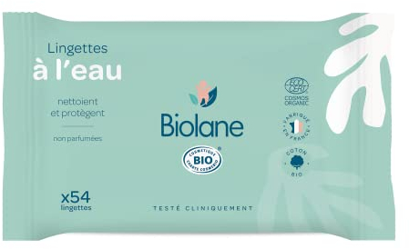 Biolane – LINGETTES A L’EAU BIO – 54 Lingettes Naturelles et BIO Composées à 99% d’Eau pour tout le Corps de Bébé– Utilisables dès la Naissance – Peaux Sensibles – Fabriqué en France