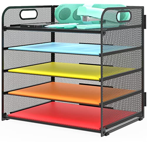 Sinboun Letter Tray Paper Organizer 5-Tier Mesh Desk File Organizer Paper Sorter Holder with Handle, Metal Desktop Document Shelf Tray for Letter/A4 Office Classroom Organization - Black