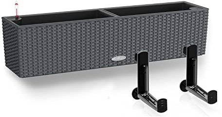 Lechuza BALCONERA Cottage 80 - Maceta de plástico de granito para barandilla con aspecto de ratán, 19 x 80 x 19 cm, con soportes negros para balcón