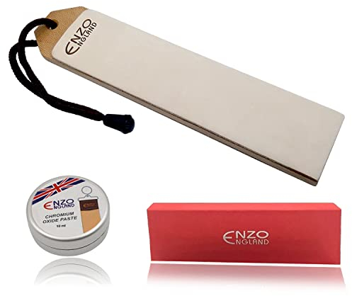 ENZO ENGLAND Leather Strop with Honing Paste Set Sharpening Polishing Paddle Block for Woodworking Knife Stropping | Chisel Fine Paste Buffing Compound for Woodcarving Tools (Chromium Oxide Paste)
