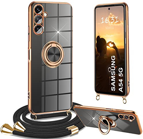 Yutwo Coque pour Samsung Galaxy A14 4G/5G, Coque Samsung A14 5G avec Cordon Collier Silicone Housse 360° Voiture de Bague Magnétique Étui Antichoc Réglable Case Coque pour Samsung A14 4G, Noir