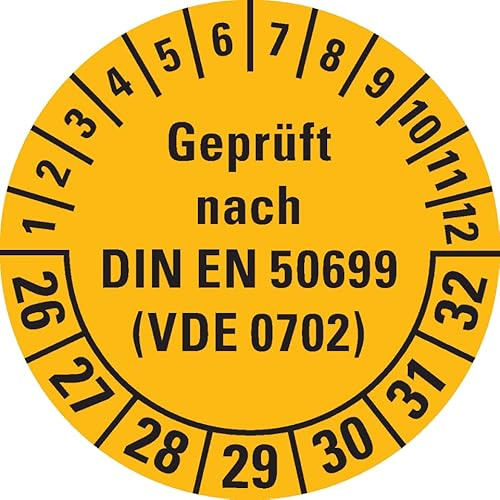 Dreifke® Prüfplakette geprüft nach DIN EN 50699(VDE 0702) 26-32, gelb, Dokumentenfolie, Ø 30mm, 500/Rolle