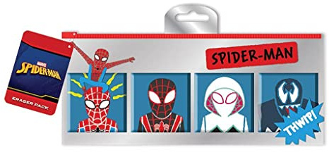 Spider-Man 4-teiliges Radiergummi-Set (Skizzen-Design), Radiergummis in Mini-Schreibwaren-Set, Marvel-Geschenke für Partytüten – offizieller Merchandise-Artikel