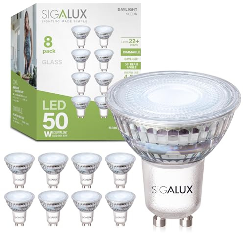 Sigalux GU10 LED Light Bulbs, Dimmable 5000K Daylight White Natural Light, 4.5W 450LM, MR16 LED Bulb Equivalent 50W Halogen Replacement, 35 Degree Spot for Track Light Bulb, Pack of 8
