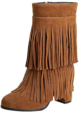 Stivali da donna indiani beige frangia stivali equitazione punta rotonda vintage stivale metà polpaccio ghiande Santiags Western moto classici stivali motociclisti stivali da cavaliere stivali da