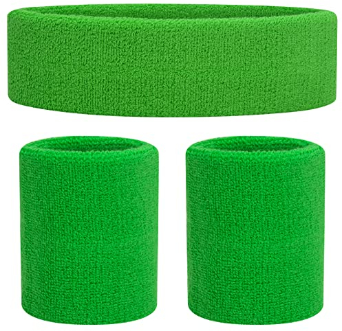 ONUPGO Schweißbänder Set Stirnband Armbänder Neon Sport Fitness 80er Kostüme Zubehör 80er Workout Outfit für Männer Frauen (Vivid Green 5055)