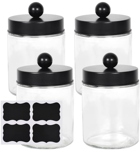 SAVOSWEET 4 Pièces Porte Coton Tige en Verre, Support de Coton Tige en Transparent, Organisateur Coton et Coton Tige, Pots Verre avec Couvercle et Étiquettes Tableau Noir, Pot pour Salle de Bain