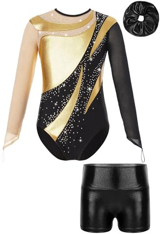 Jowowha Mädchen Turnanzug Langarm Gymnastikanzug Glänzend Ballettanzug Turnshorts Haarband Set Turnen Trikot Gymnastik Tanzkostüm Gold&Schwarz 134-140