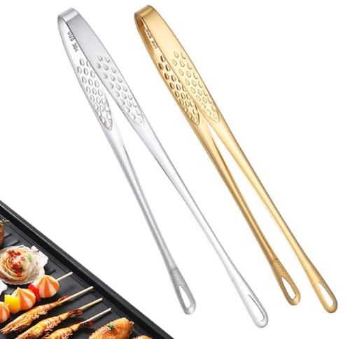 SamHeng Pinzas de Cocina de Acero Inoxidable, 2 Piezas Pinzas de Servir Pinzas de Buffet Pinzas para Parrilla, 9 Pulg Metal Pinzas de Comida para Barbacoa Pan Ensalada Carnes Fritura (Oro+Plata)