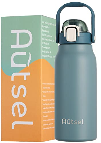 Autsel 1.7L Stainless Steel Water Bottle with Straw - Large Metal Flask with Handle - Double Walled Insulated Sports Bottle - Leakproof for Gym Sports