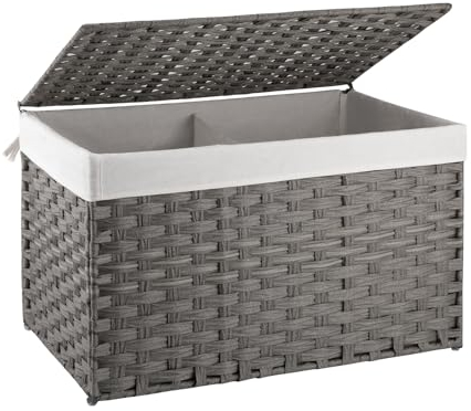 OIAHOMY Laundry Hamper with Lid, 105L Clothes Hamper with Removable Liner Bags, Wicker Laundry Basket, Rattan-Style Storage Trunk for Bedroom Closet Laundry Room, Grey