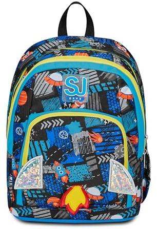SJ Gang Advanced Schulrucksack, Blau, Go to Space, Doppelter Rucksack mit Tasche für PC oder Tablet, Getränkehalter und Organizer, Grundschule Rucksack, Kinderrucksack, blau, Einheitsgröße