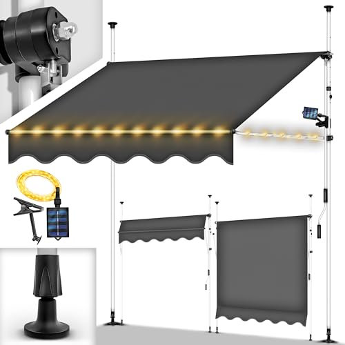 tillvex Klemmmarkise mit Handkurbel Balkon | Balkonmarkise ohne Bohren | Markise UV-beständig & höhenverstellbar | Sonnenschutz wasserdicht (Grau mit LED, 200cm)