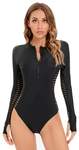 Odizli Swimming Costume Women Long Sleeve Floral Zipper Zip Up One Piece Swimsuit Ladies Muslim Full Body Burkini Modest Swimwear Rash Guard Neoprene Bathing Suits Wet Surf Wetsuit Black Hollow Out XL