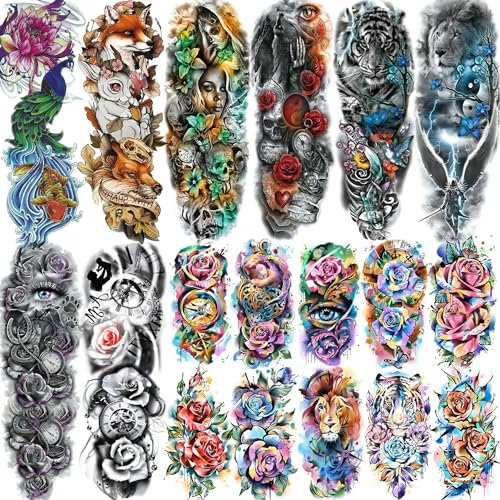 18 Blätt Bunt Sexy Groß Blume Temporäre Tattoos Damen Frauen Mädchen, Aquarell Rose Wolf Löwe Tiger Fuchs Pfau Fake Tattoo Zum Aufkleben Klebetattoos Erwachsene, Blumen Klebe Tattoo Aufkleber Festival