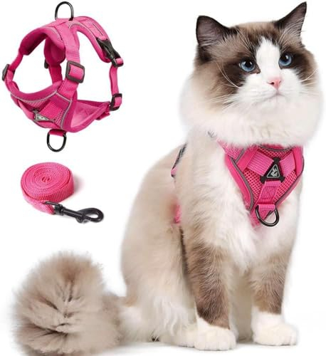 Skmeditec Katzengeschirr mit Leine: Katzengeschirr mit Leine Ausbruchsicher Weste mit Leine für Große Katzen, Kleine Hunde, Welpen, Spaziergänge, Weiche Jacke, reflektierende Streifen, Größe L, Rosa