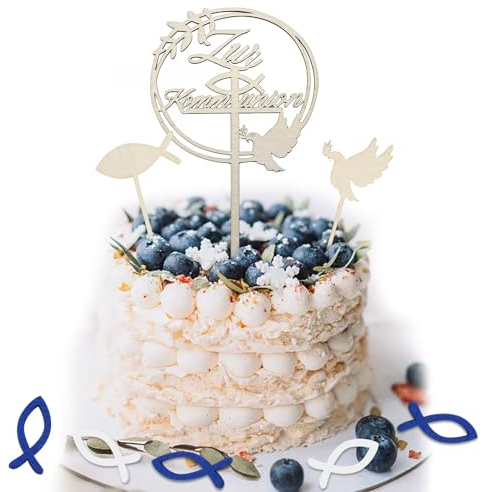 Tortendeko Kommunion, 3 Stück Zur Kommunion Cake Topper Taufe Holz & 36 Stück Holz Fische Torten Topper, Kommunion Kuchen Deko Torte Tortenstecker Set, Erstkommunion Cupcake Deko für Junge Mädchen