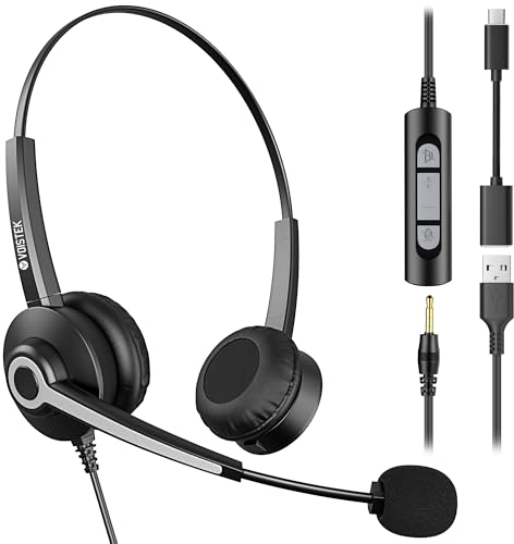 Voistek Casque Filaire Audio USB avec Microphone Antibruit, Casque Stéréo pour PC/Ordinateur Portable, Commandes en Ligne, Compatible Windows, MacOS, Bureau, Télétravail