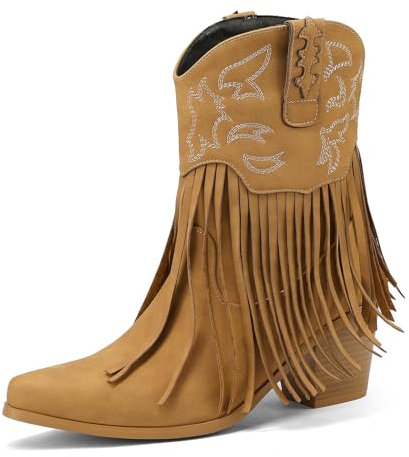 Roimaash Moda Stivali Cowgirl Ankle High Frangia Stivali Cowboy Embroidery Pull On Mid Heel Nappe Western Stivaletti Wide Calf Yellow Plus Size 39