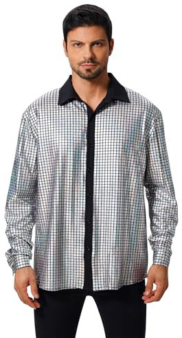 FYMNSI Herren Pailletten Langarm Hemd 70er Disco Party Kost�m Slim Fit Button Down Metallic Gl�nzend Kleid Shirts Nachtclub Top Freizeithemd 80er Jahre Outfit Karneval Fasching Oberteil Silber 2XL