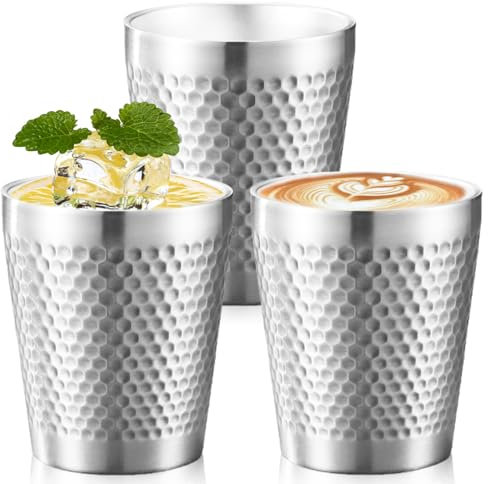 3 Stück Edelstahlbecher, 300 ml Doppelwandig Stapelbar Isoliert Metall Hammermuster Camping Tassen Ohne Henkel, Bruchsicher Trinkbecher Hitzebeständig Spülmaschinenfest für Bier Saft Wasser