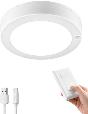SURAIELEC Rechargeable Ceiling Light with Wall Switch, 8000mAh Battery Ceiling Light Indoor, Wall Switch Remote or Motion Sensor, 6500K 300LM, Battery Lights No Wiring for Shed, Pantry, Closet, 1-Pack