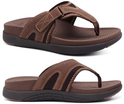 COFACE Mens Flip Flops with Arch Support 2025 Summer Leather Beach Sandals for Men Orthopedic Thick Cuhsion Adjustable Man Flip-flop Outdoor Size 8.5 brown