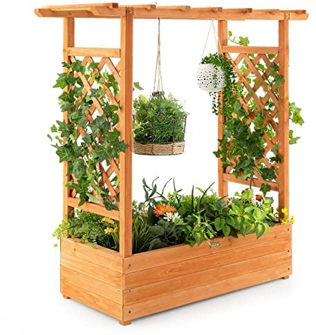 FANTASK Hochbeet mit Rankgitter & hängendem Dach, Pflanzkasten mit Rankhilfe, Blumenkasten für Kletterpflanzen & hängende Körbe 110 x 44 x113.5cm, Orange