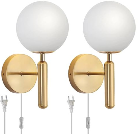 EOEO 2 Pack Boule de Verre LED Applique Murale avec Interrupteur et Prise, Lampe Murale Moderne en métal, Lampe de Chevet Murale avec câble,Douille G9,pour Chambre à Coucher Salle de Bain Salon,Or