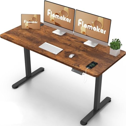 Flamaker Höhenverstellbarer Schreibtisch Ganze Tischplatte 160 x 60 cm Schreibtisch Höhenverstellbar Elektrisch mit Memory-Steuerung un Sitzende Erinnerung und USB-Aufladung (Vintage Braun)