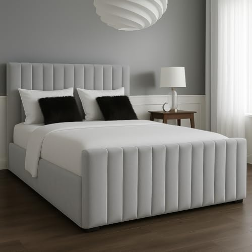 Cozelle LUXURY THIN LINES OTTOMAN WITH MATTRESS- Handcrafted Plush Velvet Wing Design 50 Headboard - 20 Footboard (Silver, 4FT6)
