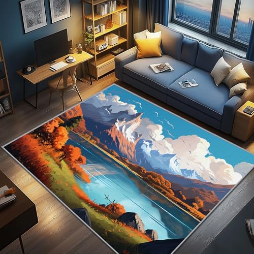 AevuCub Berg Deko, Bergmotiv Teppich 160x230 Kurzflor, Großer Teppich Wohnzimmer Natur Herbst Wald Baum, Weich rutschfest Waschbare Teppiche, Bettvorleger Schlafzimmer Kinderzimmer