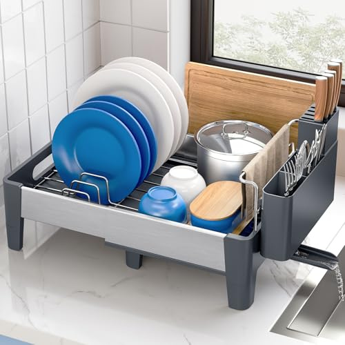 Urackify Dish Drainer Rack for Kitchen Counter, Expandable(12.7-19.7) Aluminum Dish Rack, Stainless Steel Dish Drainer with Movable Utensil Holder, Grey
