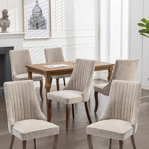 FINTHOMING Esszimmerstühle 6er Set, Essstühle 6er Set mit Geschwungenen Massivholzbeinen, Bequemer Chenille-Stoff Esszimmerstuhl, Belastbarkeit 150kg, Beige