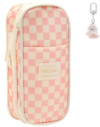 Federmäppchen Rosa kariert Federmäppchen Groß 4 Fach Mäppchen Rosa Mäppchen Aesthetic Schulmäppchen Große Kapazität Pencil Case Praktisch Federtasche Stiftemäppchen Süßen Schlüsselanhänger Federmappe