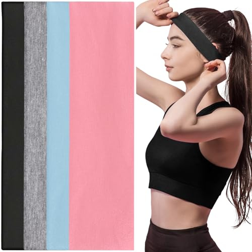 YAWYO Damen Stirnband Set, 4 Stück Turban Kopfband, elastisches breites Haarband aus weichem Stoff für Make-up, Yoga, Laufen (Schwarz, Hellgrau, Rosa, Hellblau)