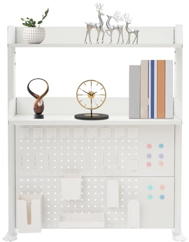 binxun Clamp On Desk Organizer Shelf 3 Tier Pegboard Bookshelf 31.5 x 37.4Inch with Adjustable Height Partitions & Colored Magnets White Steel MDF Countertop Storage Bookcase for Home Office Desks