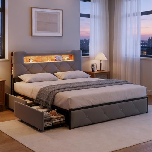 BRILVERDE Polsterbett 140x200 mit Stauraum-Schublade, Doppelbett mit LED/USB, Jugendbett mit kopfteil und Lattenrost, Bettrahmen für Erwachsene, Samt (Grau, 140 x 200 cm)