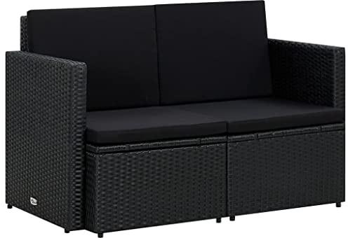 Fangmaliuyun 2-Sitzer Gartensofa Schwarz 118x65x74cm wasserabweisendes Poly Rattan mit dicken Sitzkissen Kleines Outdoor Couch für Balkon Terrasse und Wintergarten