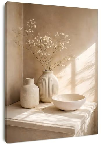 Alptiny Leinwandbild mit Rahmen 30x40 cm, Beige Stillleben Wandbild mit Segelboot und Vasen, Wandbilder Wohnzimmer im maritimen Vintage Stil, Bilder mit Rahmen für Schlafzimmer